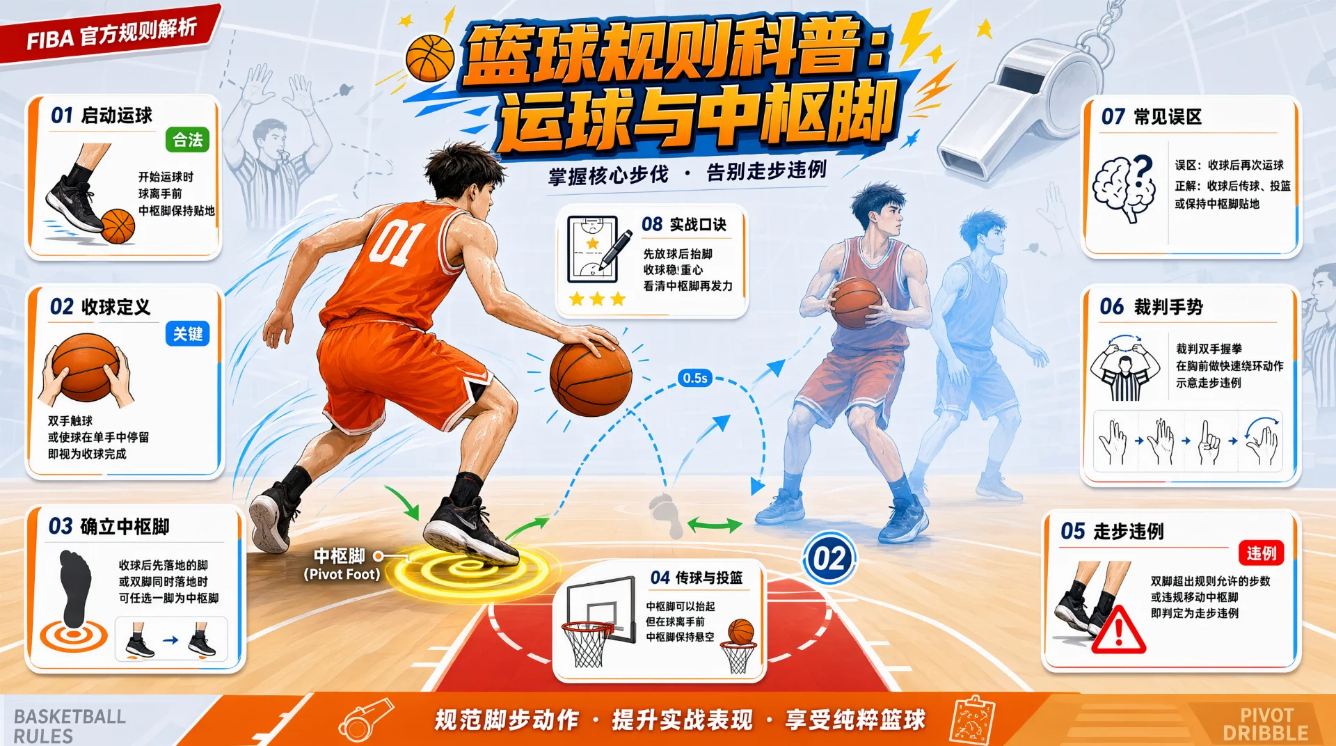篮球规则科普插画：橙色球衣球员单手运球启动，旁有双手收球停步的分解画面；地面标出中枢脚圆环与球弹跳轨迹，四周环绕编号规则说明框，背景有哨子与裁判手势图示。