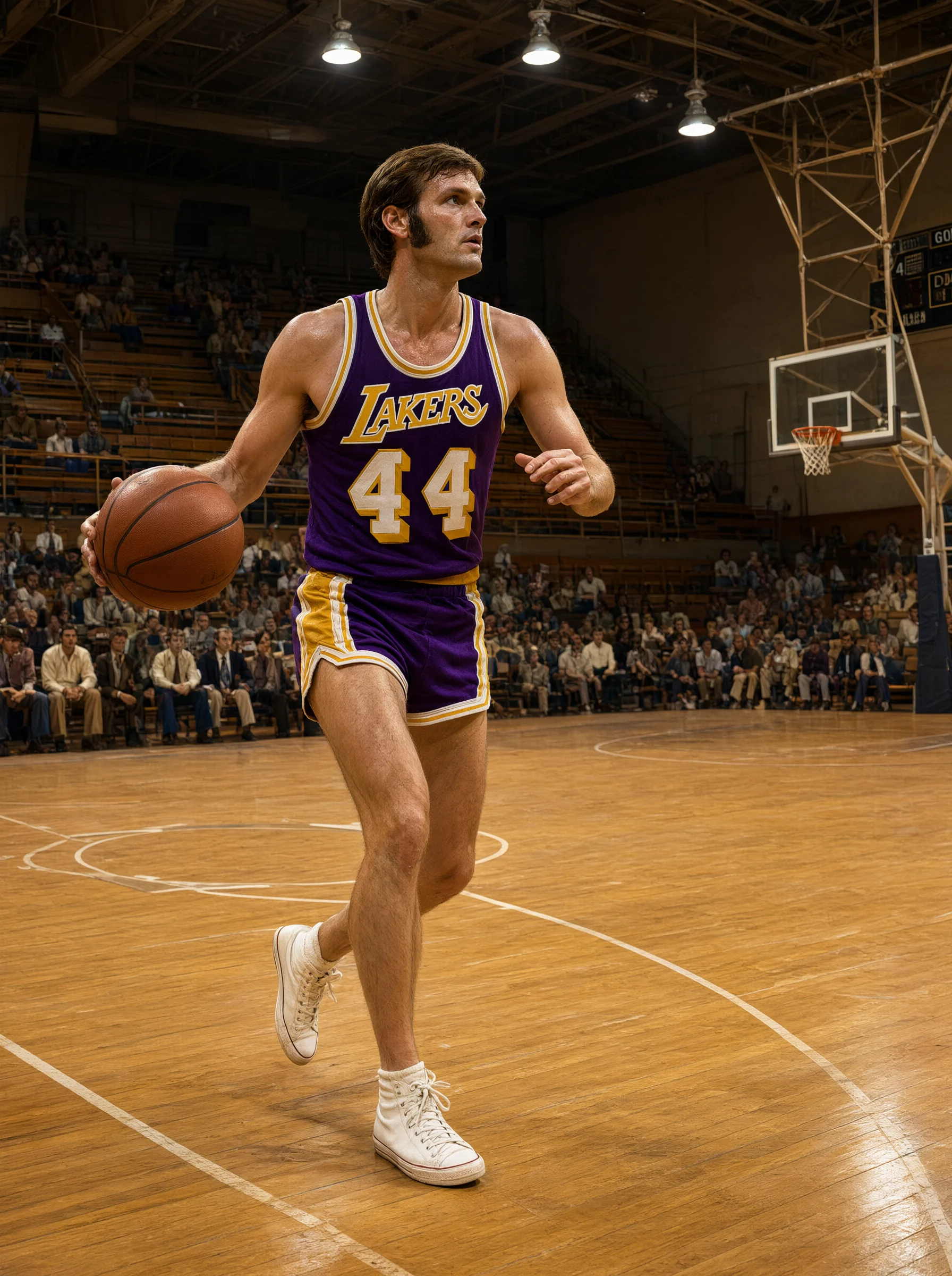 身穿紫色LAKERS 44号球衣和短裤、白色球鞋的篮球运动员在木地板球场上右手运球前进，目视前方；背景为坐有观众的旧式看台、篮板篮筐与馆顶吊灯。